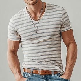 herre blå brun vandrette striber retro vintage slub meleret æstetisk v-hals t-shirt heldækkende print slank muscle fit sommer afslappet hverdagstøj designertøj