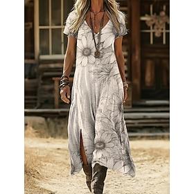 Women's Midi Dress Boho Dress Casual Dress A Line Dress Print Dress Vintage Outdoor Vacation Weekend Regular Fit Graphic Daisy Short Sleeve V Neck Gray Summer