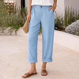 Dame Capri bukser Bukser af bomuldshør Bukser Casual bukser Ferie Mode Afslappet Hverdag Calf-længde Høj Talje Helfarve Vanlig Lomme Elastisk talje Komfort Blø