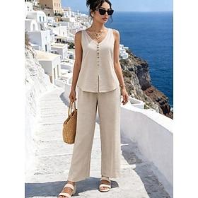 Women's Pants Sets Sleeveless V Neck Plain Fashion Streetwear Casual Daily Outdoor Black Yellow Blue Summer Loose Fit