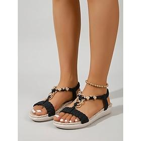 sorte boho-sandaler til kvinder - komfortable håndvævede, flettede reb-sandaler med justerbar spænde til udendørs resorts og strandferier sommervandring