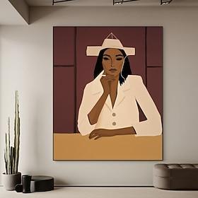 abstrakt brun kvindemaleri moderne tekstureret figurativ kunst neutral brun vægdekoration kvinde med bred skyggehat kvindeportrætmaleri