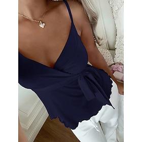 Dame Skjorte Helfarve Vanlig Elegant Boheme Aktiv Uden ærmer V-hals Almindelige toppe Afslappet Grøn Sort Lyserød Mørkeblå Beige Sommer Forår