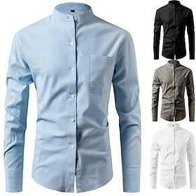 Herre Skjorte Jakkesætsskjorter Button Up skjorte 100% Bomull Vanlig Daglig udendørs Sort Hvid Mørkegrøn Lys Himmelblå Langærmet Kinesisk Krave Sommer Forår Tø