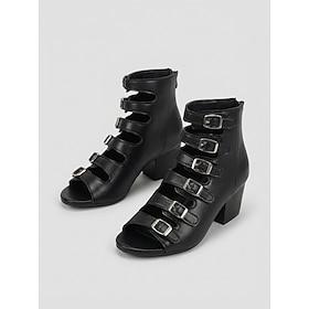 Sorte gladiatorstøvler til kvinder - professionelle, sofistikerede sandaler med udskæringer og blokhæl i sort justerbare spænder til kontorarbejde, business ca