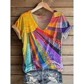 Dame T-shirt Trykt mønster Blomstret Grafisk Planter Årgang Stilfuld Afslappet Kortærmet V-hals Almindelige toppe Daglig Weekend Blå Gul Vin Lilla Orange Somme