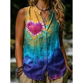 Women's Shirt Cotton Linen Vest Linen Vest Buttons Print Heart Graphic Tie Dye Vintage Stylish Modern Sleeveless Stand Collar Regular Tops Casual Daily Blue Pu
