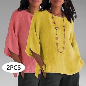 multipakker 2 stk. dameskjorte bomuldsbluse lang bomuldstop ensfarvet hverdag basis afslappet halværmet rund hals normal toppe afslappet hverdag gulblå gulpink