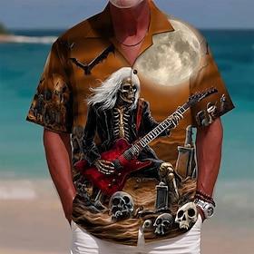 Men's Grim Reaper Guitarist Player Skulls Shirt Button Up Shirt Camp Collar Shirt Short Sleeve Vintage Retro Music Festival Holiday Summer Spring Cuban Collar