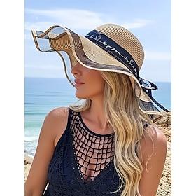 Women's Bohemian Straw Sun Hat, Multi-Color Foldable Wide Brim Floppy Beach Hat with Wavy Edge and Bow Ribbon for Vacation Travel, Resort Style and Everyday Ca
