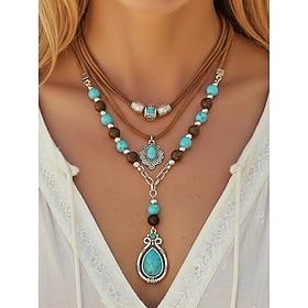 Women's Bohemian Alloy and Turquoise Necklace Set, Layered Statement Jewelry for Beach Vacation, Resort Wear, Casual Summer Outfits and Everyday Boho Styling