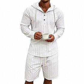 Men's Linen Shirt 2 Piece Popover Shirt And Shorts Linen Shorts Beach Shorts Set Vertical Stripes Daily Outdoor Vacation Hooded Long Sleeve Summer Spring Fashi