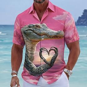 Herre Dyr Krokodille Hjerte formet Hawaii skjorte Tropiske skjorter Aloha skjorte Kortærmet Hawaiiansk Sjov Ferierejse Strand Tøj Sommer Forår Aftæpning 3D-uds