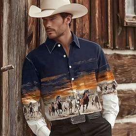 Men's Animal Horse Sunset Shirt Western Shirt Cowboy Shirt Long Sleeve Vintage Retro Casual Outdoor WorkWear Spring Fall Turndown 3D Print Button Up Shirts Dar