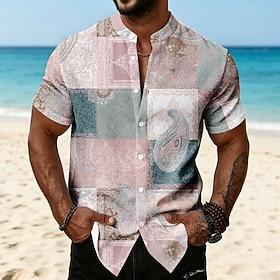 Herre Paisley Farveblok Patchwork Skjorte Button Up skjorte Skjorte med standkrave Kortærmet Etnisk Vintage retro Ferierejse Hverdag Strand Tøj Sommer Forår Ki