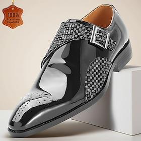 Men's Premium Genuine Leather Black Patent Leather Monk Strap Dress Shoes Textured Panel Luxury Formal Footwear for Business Men, Weddings, Office, Banquets an