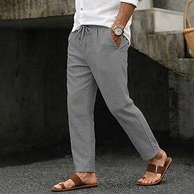 Men's Summer Pants Beach Pants Drawstring Pocket Elastic Waist Plain Comfort Breathable Full Length Daily Beach Vacation Vacation Hawaiian Blue Black Inelastic