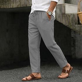 Men's Summer Pants Beach Pants Drawstring Pocket Elastic Waist Plain Comfort Breathable Full Length Daily Beach Vacation Vacation Hawaiian Blue Black Inelastic