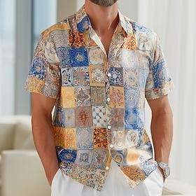 Men's Boho Mediterranean Tile Print Moroccan Mosaic Shirt Button Up Shirt Short Sleeve Vintage Retro Streetwear Vacation Summer Spring Turndown 3D Print Collar