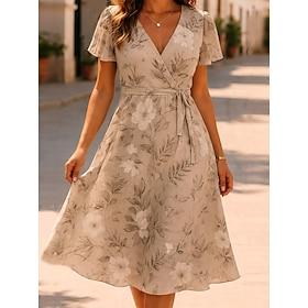 Women's Midi Dress A Line Dress Vacation Casual Flare Cuff Sleeve Holiday Date Regular Fit Floral Graphic Short Sleeve V Neck Red Light Brown Summer Spring