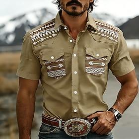 Men's Geometric Pattern Vintage Ethnic Western Shirt Work Shirts Cowboy Shirt Short Sleeve Western Style Casual Outdoor WorkWear Summer Spring Turndown 3D Prin
