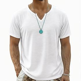 Herre T-shirt Kortærmet skjorte Tee Top T-shirt af hør Kortærmet V-hals Sommer Forår Helfarve Pit Strip Gade Stilfuld Afslappet Ren Afslappet Daglig udendørs S