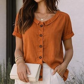 Dame Skjorte Casual skjorte Button Up skjorte Imiteret bomuldslinned Helfarve Vanlig Ferie Mode Afslappet Kortærmet Rund hals Almindelige toppe Streetwear Stra