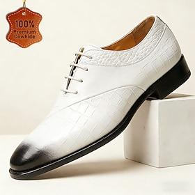 Men's White Croc-Embossed Oxford Dress Shoes with Black Cap Toe, Classic Lace-Up Formal Shoes for Gentlemen, Ideal for Weddings, Business Events, Banquets and