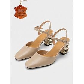 Dames abrikosfarvede slingback-pumps i ægte læder - elegante firkantede hæle med skulpturel guldmetalblokhæl til kontorbrug og forretningsmøder formelle arbejd