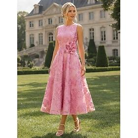 A-linje Te-længde Cocktailkjoler Bryllupsgæstekjoler Elegant Uden ærmer Rund hals Havefest Formel Organza Jacquard med 3D-blomster Farveblok