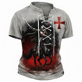 Men's Knight Riding Horse Red Templar Cross Medieval Crusader Warrior Fantasy Lace Up T Shirt All Over Print V Neck Short Sleeve Vintage Streetwear Renaissance