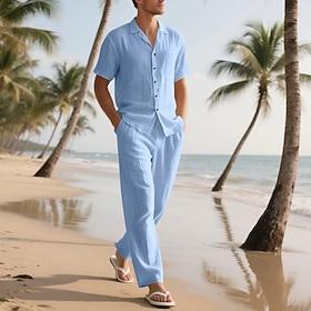 Men's Linen Shirt 2 Piece Shirt Set And Wide Leg Linen Pants Trousers Set Plain Casual Daily Outdoor Turndown Short Sleeve Summer Fashion Casual Comfortable Cl