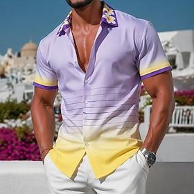 Men's Striped Tropical Flowers Gradient Color Hawaiian Shirt Tropical Shirts Aloha Shirt Short Sleeve Hawaiian Beach Vacation Summer Spring Turndown 3D Print B