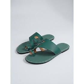 Women's Peacock Green Asymmetrical Strap Flat Slide Sandals - Open-Toe Slip-On Shoes with Toe Loop, Minimalist Summer Footwear for Travel, Beach Casual Wear
