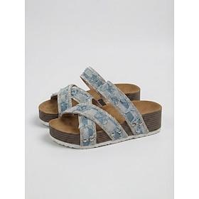 Blå denim platformsandaler til kvinder – moderigtige hjemmesko med rhinstensremme, lette sommersko til rejser, strand, havefest daglig brug
