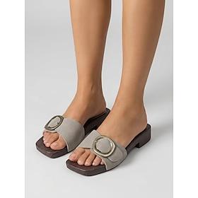 Women's Grey Suede Slide Sandals - Chic One-Band Flat Sandals with Antique Round Buckle and Wood Grain Sole for Outdoor Vacations and Summer Walking