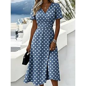 Women's Midi Dress Wrap Dress A Line Dress Vacation Casual Boho Outdoor Beach Going out Regular Fit Graphic Polka Dot Short Sleeve V Neck Blue Summer Spring