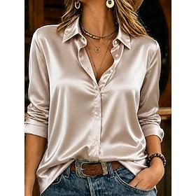 Dame Skjorte Satin top Bluse Dressy Toppe Krøllede Folder Knapper Drapering Helfarve Vanlig Elegant Årgang Damer Langærmet Krave Almindelige toppe Afslappet Da