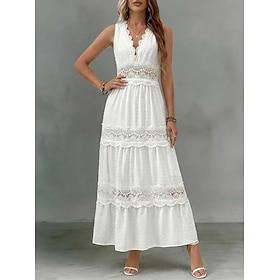 Women's Maxi Dress Lace Dress White Dress Elegant Fashion Beach Vacation Holiday Regular Fit Plain Sleeveless Deep V White Summer Spring