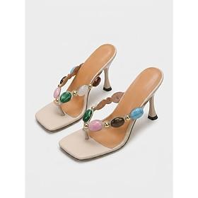 Women's Jeweled High Heels - Luxury Bohemian Thong Sandals with Colorful Gemstones  Flare Heel for Resort Dinners, Summer Galas  Tropical Evening Parties