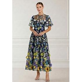 A-Line Ankle Length Cocktail Dresses Elegant Floral Short Sleeve Crew Neck Wedding Semi Formal Lace with Ruffles Embroidery Appliques
