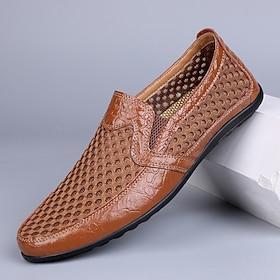 Men's Brown Perforated Slip-On Loafers Breathable Dress Casual Shoes, Elegant Smart-Casual Style for Men, Driving, Office, Parties and Daily Business Casual We