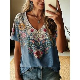 Women's T Shirt Print Floral Graphic Plants Stylish Classic Casual Short Sleeve V Neck Long Tops Casual Daily Blue Summer Spring