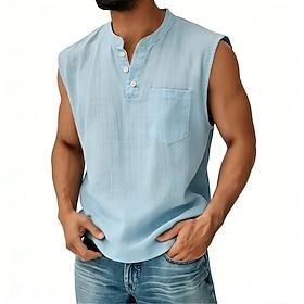 Men's Shirt Linen Shirt Summer Shirt Beach Shirt Plain Casual Daily Black Navy Blue Purple Khaki Sleeveless Collar Summer Spring Clothing Apparel Pocket
