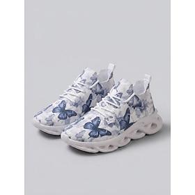 Women's Blue Butterfly Print Sneakers - Comfort Lightweight Athletic Shoes with Breathable Flyknit Upper and Hollow Sole, Casual Walking Shoes for Everyday Wea