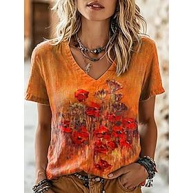 Dame T-shirt Trykt mønster Blomstret Grafisk Stilfuld Klassisk Afslappet Kortærmet V-hals Almindelige toppe Afslappet Daglig Blå Lyserød Orange Sommer Forår