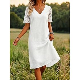 Women's Knee Length Dress Lace Dress White Dress Elegant Fashion Beach Vacation Holiday Regular Fit Plain Short Sleeve V Neck White Summer Spring