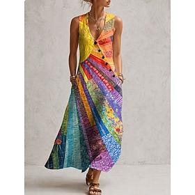 Dame Midikjole A Linje Kjole Elegant Boheme Strand Ferie Regulær Grafisk Geometrisk Uden ærmer V-hals Blå Gul Lilla Orange Sommer Forår