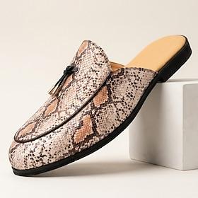 Men's Beige Snakeskin Print Mule Loafers Slip-On Fashion Dress Shoes Statement Footwear for Stylish Men, Parties, Banquets, Prom and Evening Occasion Wear
