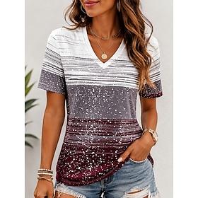 Women's T Shirt Print Graphic Geometric Stylish Classic Casual Short Sleeve V Neck Regular Tops Casual Daily Red Summer Spring